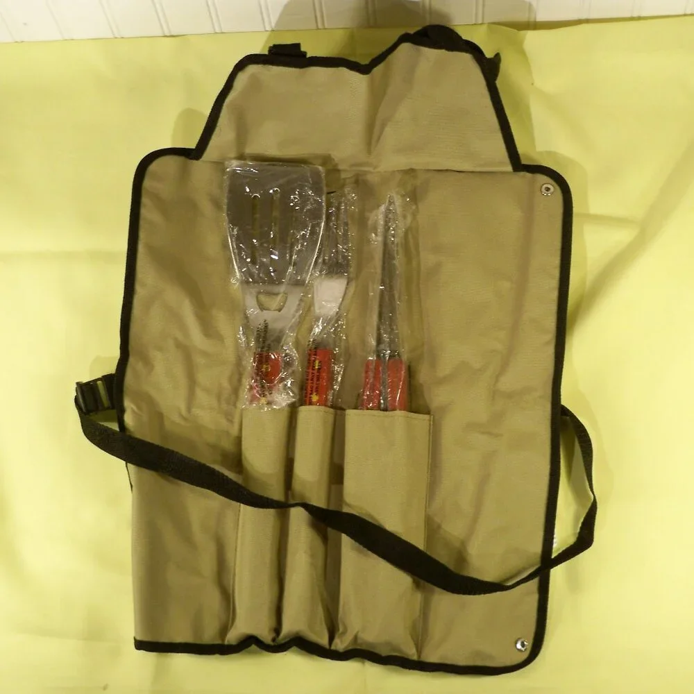 NEW 3 Stainless Steel Utensils, Apron BBQ/Grill Set